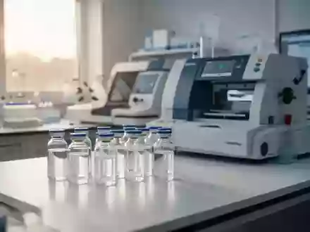 Ein klinisches Labor mit medizinischen Testgeräten und Glasphiolen auf einem sauberen Arbeitstisch. - Foto: über boerse-global.de