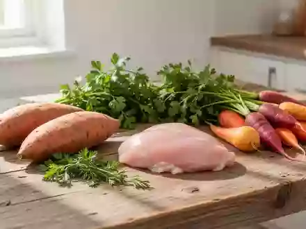 Frische, unverarbeitete Lebensmittel wie Süßkartoffeln, Kräuter und Gemüse auf einem Holztisch in einer hellen Küche. - Foto: über boerse-global.de