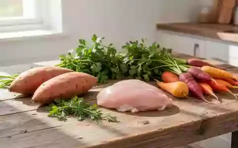 Frische, unverarbeitete Lebensmittel wie Süßkartoffeln, Kräuter und Gemüse auf einem Holztisch in einer hellen Küche. - Foto: über boerse-global.de