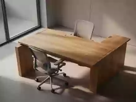 Ein minimalistischer, leerer Büroarbeitsplatz mit einem Holztisch und einem ergonomischen Stuhl in natürlichem Licht. - Foto: über boerse-global.de