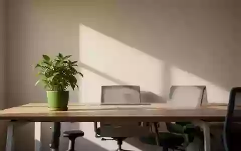 Ein leerer, sonnendurchfluteter Arbeitsplatz mit einer Pflanze auf einem Holztisch in einer ruhigen, minimalistischen Büroumgebung. - Foto: über boerse-global.de