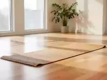 Ein heller, minimalistischer Yogaraum mit einer einzelnen Yogamatte auf einem Holzboden in sanftem Tageslicht. - Foto: über boerse-global.de