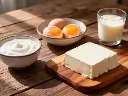 Eine Auswahl gesunder, weicher Proteinquellen wie Joghurt, Eier und Tofu auf einem Holztisch bei natürlichem Licht. - Foto: über boerse-global.de