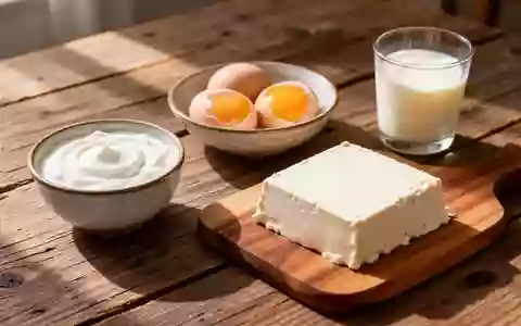 Eine Auswahl gesunder, weicher Proteinquellen wie Joghurt, Eier und Tofu auf einem Holztisch bei natürlichem Licht. - Foto: über boerse-global.de