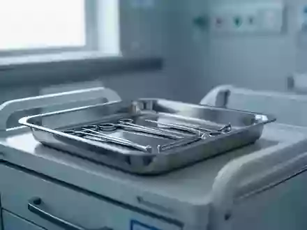 Ein steriler, moderner Behandlungsraum in einer medizinischen Einrichtung mit einem Edelstahltablett auf einem Rollwagen. - Foto: über boerse-global.de