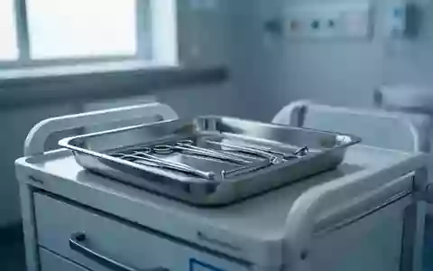 Ein steriler, moderner Behandlungsraum in einer medizinischen Einrichtung mit einem Edelstahltablett auf einem Rollwagen. - Foto: über boerse-global.de
