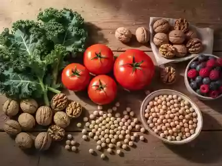 Eine Auswahl an frischem, unverarbeitetem Gemüse, Obst, Nüssen und Hülsenfrüchten auf einem rustikalen Holztisch. - Foto: über boerse-global.de