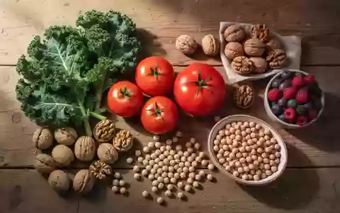 Eine Auswahl an frischem, unverarbeitetem Gemüse, Obst, Nüssen und Hülsenfrüchten auf einem rustikalen Holztisch. - Foto: über boerse-global.de