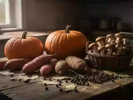 Ein rustikaler Holztisch mit herbstlichem Gemüse wie Kürbis, Wurzelgemüse, Pilzen und Gewürzen in natürlichem Licht. - Foto: über boerse-global.de
