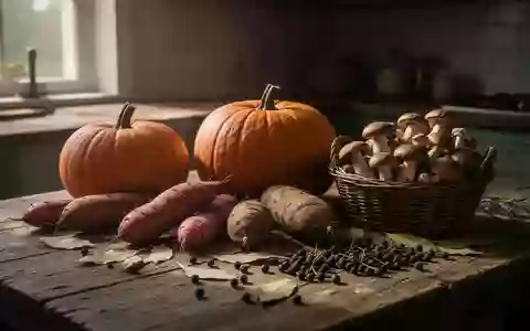 Ein rustikaler Holztisch mit herbstlichem Gemüse wie Kürbis, Wurzelgemüse, Pilzen und Gewürzen in natürlichem Licht. - Foto: über boerse-global.de