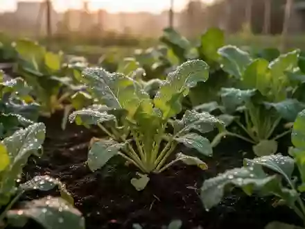Nahaufnahme von nährstoffreichem Boden und frischen grünen Pflanzen in einem Garten bei Sonnenaufgang. - Foto: über boerse-global.de