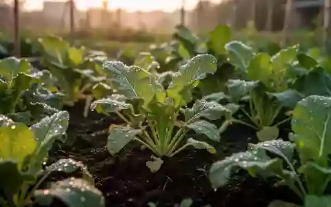 Nahaufnahme von nährstoffreichem Boden und frischen grünen Pflanzen in einem Garten bei Sonnenaufgang. - Foto: über boerse-global.de