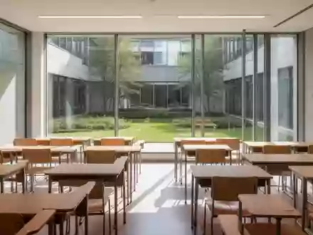 Ein heller, leerer Unterrichtsraum in einer Universität mit sauberen Holztischen und Blick in einen grünen Innenhof. - Foto: über boerse-global.de