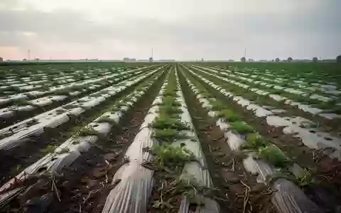 Weite Ansicht eines landwirtschaftlichen Feldes mit Erntefolien unter bewölktem Himmel in Südhessen. - Foto: über boerse-global.de