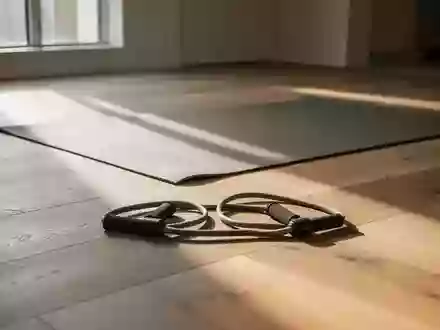 Ein minimalistischer Trainingsbereich mit einer Yogamatte und Widerstandsbändern in einem hellen, sonnendurchfluteten Raum. - Foto: über boerse-global.de