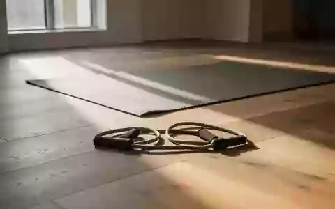 Ein minimalistischer Trainingsbereich mit einer Yogamatte und Widerstandsbändern in einem hellen, sonnendurchfluteten Raum. - Foto: über boerse-global.de