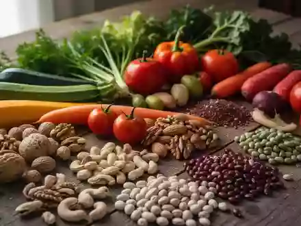 Frische Lebensmittel wie Gemüse, Nüsse und Hülsenfrüchte auf einem rustikalen Holztisch als Symbol für ausgewogene Ernährung. - Foto: über boerse-global.de