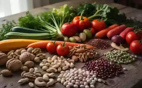 Frische Lebensmittel wie Gemüse, Nüsse und Hülsenfrüchte auf einem rustikalen Holztisch als Symbol für ausgewogene Ernährung. - Foto: über boerse-global.de