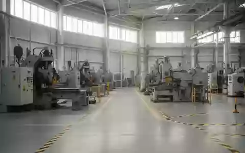 Leere Industriehalle mit modernen Maschinen und Sicherheitsmarkierungen auf dem Boden bei natürlichem Lichteinfall. - Foto: über boerse-global.de