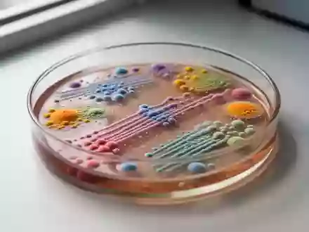Petrischale mit verschiedenen Bakterienkulturen auf einem Labortisch in Nahaufnahme. - Foto: über boerse-global.de