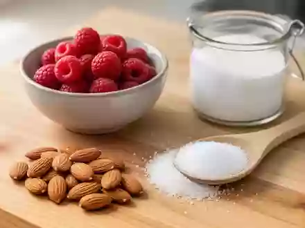 Frische Himbeeren, Mandeln und ein Löffel mit Zuckeraustauschstoff auf einer hölzernen Arbeitsplatte in einer Küche. - Foto: über boerse-global.de