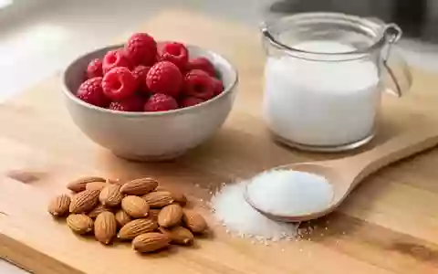 Frische Himbeeren, Mandeln und ein Löffel mit Zuckeraustauschstoff auf einer hölzernen Arbeitsplatte in einer Küche. - Foto: über boerse-global.de