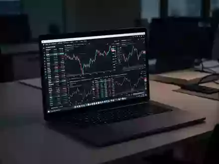 Ein moderner, schummriger Büroarbeitsplatz mit einem Laptop, der komplexe Finanzdaten zeigt, in einer angespannten Atmosphäre. - Foto: über boerse-global.de
