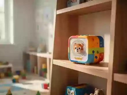 Eine Toniebox auf einem Holzregal in einem hellen Kinderzimmer, beleuchtet durch natürliches Tageslicht. - Foto: über boerse-global.de