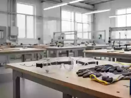 Ein aufgeräumter industrieller Arbeitsplatz mit bereitliegender Schutzausrüstung in einer hellen Werkstattumgebung. - Foto: über boerse-global.de