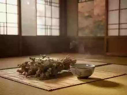 Ein minimalistisch eingerichteter Raum im asiatischen Stil mit getrockneten Kräutern und einer Schale warmem Wasser. - Foto: über boerse-global.de