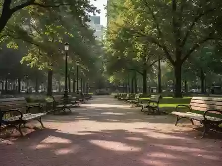 Ein sonniger öffentlicher Stadtpark mit leeren Holzbänken und grünen Bäumen. - Foto: über boerse-global.de