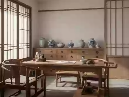 Ein ruhiger, minimalistischer Raum in einer Klinik für Traditionelle Chinesische Medizin mit hölzernen Apothekenschubladen. - Foto: über boerse-global.de