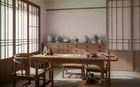 Ein ruhiger, minimalistischer Raum in einer Klinik für Traditionelle Chinesische Medizin mit hölzernen Apothekenschubladen. - Foto: über boerse-global.de