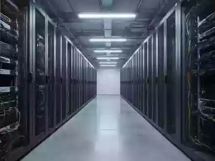 Ein minimalistischer, moderner Serverraum mit ordentlichen, unbeschrifteten Regalschränken in einer kühlen, bläulichen Beleuchtung. - Foto: über boerse-global.de
