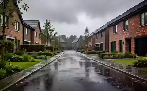 Eine ruhige Wohnstraße nach einem starken Regen mit nassen Straßen und Häuserfassaden unter einem bewölkten Himmel. - Foto: über boerse-global.de