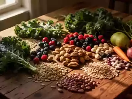 Frisches, rohes Gemüse, Beeren und Getreide auf einem Holztisch bei natürlichem Lichteinfall. - Foto: über boerse-global.de