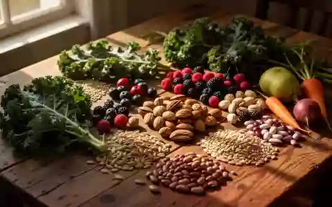 Frisches, rohes Gemüse, Beeren und Getreide auf einem Holztisch bei natürlichem Lichteinfall. - Foto: über boerse-global.de