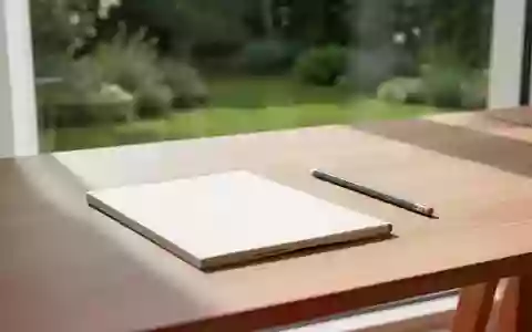 Ein minimalistischer, sonnendurchfluteter Schreibtisch mit einem leeren Notizbuch und einem Stift vor einem Fenster. - Foto: über boerse-global.de