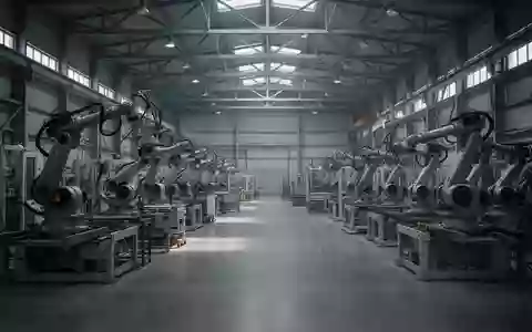 Leere, moderne Industriehalle mit schweren Fertigungsmaschinen und Roboterarmen bei gedimmtem Licht. - Foto: über boerse-global.de