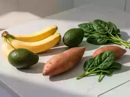 Eine Auswahl frischer, kaliumreicher Lebensmittel wie Bananen, Avocados und Spinat auf einer hellen Küchenoberfläche. - Foto: über boerse-global.de
