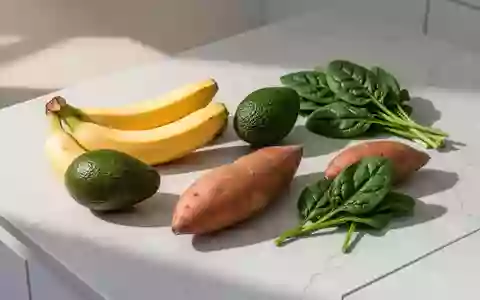 Eine Auswahl frischer, kaliumreicher Lebensmittel wie Bananen, Avocados und Spinat auf einer hellen Küchenoberfläche. - Foto: über boerse-global.de