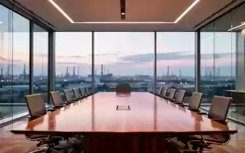 Ein minimalistischer, moderner Konferenzraum mit einem großen Holztisch vor einer Fensterfront mit Blick auf eine Industrielandschaft. - Foto: über boerse-global.de