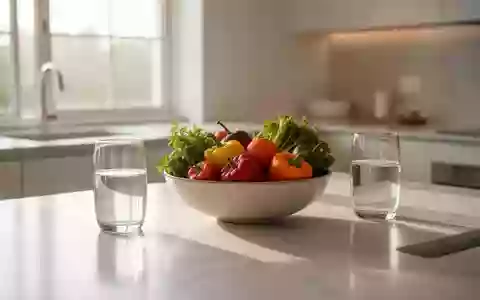 Eine minimalistische, sonnendurchflutete Küche mit frischem Gemüse und einem Glas Wasser auf einer Arbeitsplatte. - Foto: über boerse-global.de