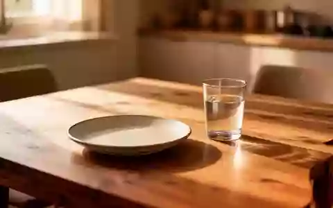 Ein schlichter, leerer Essteller und ein Glas Wasser auf einem Holztisch in warmem, natürlichem Nachmittagslicht. - Foto: über boerse-global.de