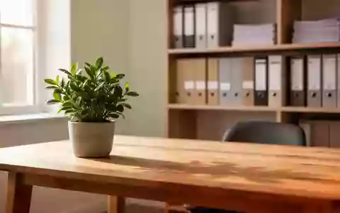 Ein aufgeräumter Arbeitsplatz mit einer Pflanze und einem Archivregal im Hintergrund bei natürlichem Tageslicht. - Foto: über boerse-global.de