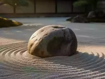 Ein glatter Stein auf geharktem Sand in einem japanischen Garten, der Ruhe und Achtsamkeit symbolisiert. - Foto: über boerse-global.de