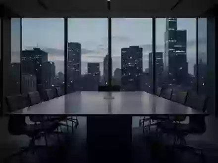 Ein minimalistischer, leerer Konferenztisch in einem modernen Bürogebäude bei Dämmerung, das eine Atmosphäre von Kostendisziplin vermittelt. - Foto: über boerse-global.de