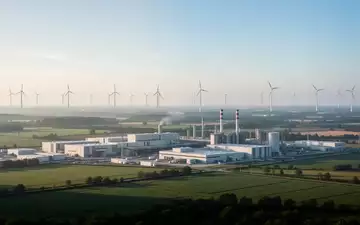 Weite Industrielandschaft mit Windkraftanlagen und modernen Produktionsstätten bei Tageslicht - Foto: über boerse-global.de