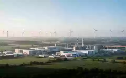 Weite Industrielandschaft mit Windkraftanlagen und modernen Produktionsstätten bei Tageslicht - Foto: über boerse-global.de