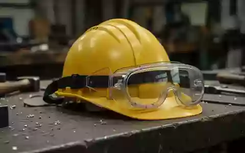 Symbolbild: Schutzhelm und Schutzbrille auf einer Werkbank - Foto: über boerse-global.de